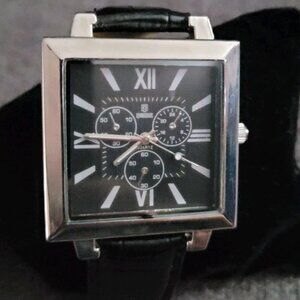 QBOS Mens Limited Edition Quartz Watch Silvertone Face & Black Croc Texture Band